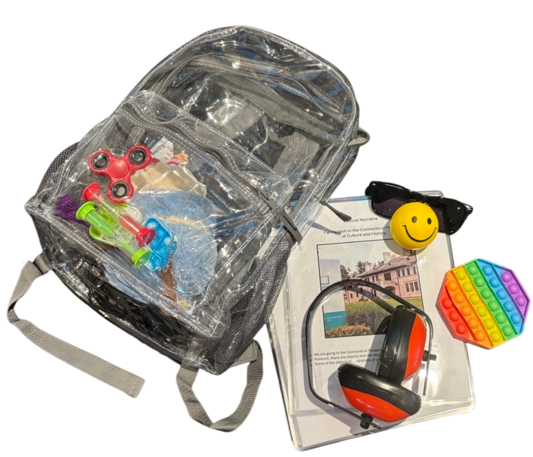 Clear backpack with various sensory tools.